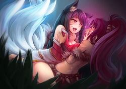  2girls ahri animal_ears bare_shoulders black_hair blush breasts detached_sleeves facial_mark female fox_ears fox_tail kerasu large_breasts league_of_legends long_hair multi_tail multiple_girls multiple_tails nidalee open_mouth ponytail ricegnat saliva saliva_trail smile strapless strapless_dress strapless_top strapless_topwear tail tied_hair tubetop whisker_markings yellow_eyes yuri 