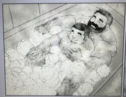  2boys afterglow bara bathing beard buzz_cut closed_eyes commentary_request connected_beard dot_pupils facial_hair from_above full_beard goatee_stubble grabbing_from_behind greyscale hairy hand_hair highres in_bathtub large_pectorals looking_ahead male_focus mature_male monochrome multiple_boys muscular muscular_male nude original pectoral_grab pectorals seizou_ebisubash shared_bathing short_hair smile soap_bubbles solo_focus sparse_chest_hair steam stubble thick_arm_hair thick_beard thick_eyebrows thick_leg_hair tile_wall tiles very_short_hair yaoi 