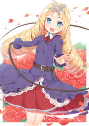  blonde_hair blue_eyes busou_shoujo_machiavellism chouka_u_baragasaki commentary_request dress drill_hair female flower highres long_hair looking_at_viewer open_mouth petals rose rose_petals solo standing tachimi_(basue) twin_drills whip 