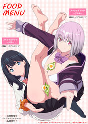  2girls barefoot between_breasts between_thighs black_hair blue_eyes bow bowtie breasts cardigan cleavage commentary_request egg feet food gimp_(medium) gridman_universe hand_on_own_ass hood hoodie large_breasts legs legs_up long_hair long_sleeves looking_at_viewer medium_hair menu multiple_girls no_panties outstretched_arms pantyhose pleated_skirt purple_hair salad sanohiramugi school_uniform scrunchie shinjou_akane short_hair skirt smile soles spread_arms ssss.gridman takarada_rikka toes translation_request vegetable 