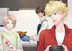  3boys aidou_seiya apron blonde_hair blue_eyes braid brown_hair commentary_request dark-skinned_male dark_skin fire_fenix_(i-chu) food green_eyes i-chu kitchen male_focus minato_kanata mitsurugi_akira multiple_boys open_mouth oven_mitts shima108 single_braid smile turkey_(food) yellow_eyes 