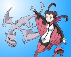  aerodactyl alternate_costume bad_link bakanichi brown_hair female gloves hair_pulled_back helmet pink_footwear pokemon pokemon_(creature) red_eyes roxanne_(pokemon) shoes sky_trainer_uniform twintails unworn_headwear unworn_helmet white_gloves wingsuit 