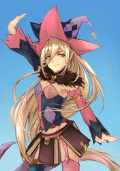  arm_up asymmetrical_legwear asymmetrical_sleeves black_legwear black_sleeves blonde_hair blue_background book commentary_request detached_sleeves feather_boa female green_eyes hat highres long_hair looking_at_viewer magilou_(tales) mismatched_legwear mismatched_sleeves pink_legwear pink_sleeves pointy_ears smile solo soysae tales_of_(series) tales_of_berseria thigh_strap thighhighs witch_hat 