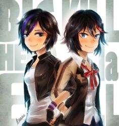  2girls artist_name back-to-back big_hero_6 black_hair blue_eyes breasts brown_eyes commentary_request crossover eyeshadow fingerless_gloves gloves gogo_tomago hand_in_pocket highres jacket kill_la_kill konno_(kon_noooo) leather leather_jacket letterman_jacket locked_arms look-alike looking_at_viewer makeup matoi_ryuuko multicolored_hair multiple_girls nose purple_hair shirt short_hair small_breasts smile streaked_hair wristband 