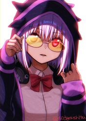  403_(artist) artist_name bow bowtie collared_shirt commentary_request female glasses gridman_universe hair_between_eyes hands_up headphones headphones_around_neck highres hood hooded_jacket hoodie jacket light_purple_hair long_sleeves looking_at_viewer off_shoulder parted_lips pink-framed_eyewear purple_bow purple_bowtie purple_jacket red_eyes school_uniform semi-rimless_eyewear shinjou_akane shirt short_hair sleeves_past_wrists ssss.gridman tinted_eyewear under-rim_eyewear yellow-tinted_eyewear 