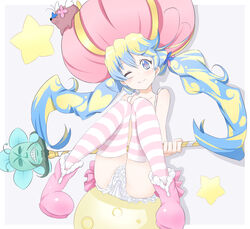  bare_shoulders boota_(ttgl) boots commentary_request cross-shaped_pupils female frilled_panties frills hat long_hair lordgenome magical_girl magical_nia multicolored_hair nia_teppelin one_eye_closed panties peanuts_(ennuim) skirt smile staff star_(symbol) striped_clothes striped_thighhighs symbol-shaped_pupils tengen_toppa_gurren_lagann thighhighs twintails two-tone_hair underwear 