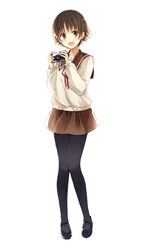  :d black_pantyhose brown_hair camera female full_body hagiwara_rin mary_janes open_mouth pantyhose rollei_35 sawatari_fuu school_uniform serafuku shoes short_hair simple_background skirt smile solo tamayura white_background 