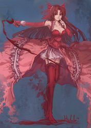  artist_name blood breasts brown_hair carmilla_(castlevania) castlevania:_circle_of_the_moon castlevania_(series) cleavage commentary_request dress elbow_gloves female garter_straps glass gloves hair_ribbon hideki large_breasts long_hair overskirt photoshop_(medium) red_eyes red_legwear ribbon skirt smile solo vampire 