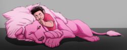  2015 cartoon_network closed_eyes clothing cuddly duo felid feral fur hair human larger_male lion lion_(steven_universe) male mammal mane morayn one_eye_closed pantherine paws pink_body pink_fur size_difference sleeping smaller_male smile steven_quartz_universe steven_universe yellow_eyes young 