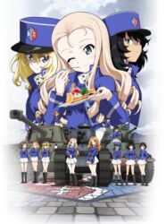  6+girls andou_(girls_und_panzer) arl-44 azumi_(girls_und_panzer) bc_freedom_(emblem) bc_freedom_military_uniform black_eyes black_hair blonde_hair blue_eyes braid breasts brick brick_road cake caterpillar_tracks cloud dark-skinned_female dark_skin drill_hair eating emblem food ft-17 girls_und_panzer glasses hat key_visual long_hair marie_(girls_und_panzer) military military_vehicle motor_vehicle multiple_girls official_art one_eye_closed orange_hair oshida_(girls_und_panzer) promotional_art s35 short_hair skirt smile tank twin_drills twintails uniform 