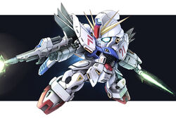  beam_rifle beam_saber black_background chibi commentary_request dual_wielding energy_gun f91_gundam flying gundam gundam_f91 holding letterboxed mecha no_humans outside_border robot science_fiction simple_background solo takamaru_(taka1220) weapon 