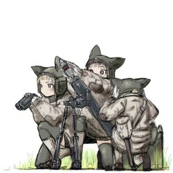  3girls adapted_uniform ammunition animal_ears animal_hat bad_id bad_pixiv_id binoculars blonde_hair blue_eyes boots brown_footwear canteen commentary covering_own_ears entrenching_tool gaiters green_hat green_legwear grey_eyes hands_on_own_head hat helmet jacket kneeling mars_expedition military military_uniform miniskirt mortar_(weapon) mortar_shell multiple_girls sheath sheathed shovel simple_background skirt soldier tank_helmet thighhighs uniform weapon world_war_ii y_(khakiyawn) yellow_eyes zettai_ryouiki 