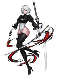  2b_(nier:automata) absurdres black_blindfold blindfold blindfold_slip boots breasts cleavage cleavage_cutout clothing_cutout commentary english_commentary eyepatch feather-trimmed_sleeves female hella_p high_heel_boots high_heels highres juliet_sleeves leotard long_sleeves looking_at_viewer nier:automata nier_(series) one_eye_covered photoshop_(medium) puffy_sleeves short_hair simple_background skindentation solo sword thigh_boots thighhighs thighs variant_set virtuous_contract virtuous_treaty weapon weapon_on_back white_background white_hair 