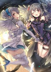  2girls bad_id bad_twitter_id black_nails boots drill_hair dual_persona feathers fur_trim grey_hair highres idolmaster idolmaster_cinderella_girls kanzaki_ranko looking_at_viewer multiple_girls nail_polish oerba_yun_fang one_eye_closed red_eyes rosenburg_engel_(idolmaster) thigh_boots thigh_strap thighhighs twin_drills twintails v white_legwear yuran 