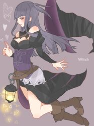  alternate_costume amamiya_(alice413) black_eyes black_hair blush boots breasts cleavage commentary_request female fire_emblem fire_emblem_fates grey_background hat heart lamp long_hair medium_breasts rhajat_(fire_emblem) solo two_side_up witch witch_hat 