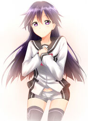  black_hair commentary_request female kuroki_rei long_hair national_shin_ooshima_school_uniform purple_eyes sakura_ai_ke school_uniform short_shorts shorts smile solo thighhighs vividred_operation white_shorts 