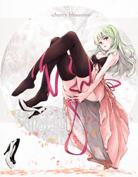  breasts cleavage commentary_request dress female green_hair high_heels highres long_hair medium_breasts mille_(dieci) mole mole_under_eye original red_eyes ribbon shoe_dangle shoes single_shoe solo thighhighs 