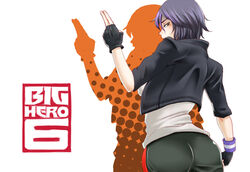  ass big_hero_6 black_hair breasts brown_eyes commentary_request copyright_name cropped_jacket eyeshadow female fingerless_gloves from_behind gloves gogo_tomago looking_back makeup medium_breasts multicolored_hair purple_hair salute short_hair solo tamago_boro two-finger_salute wristband 