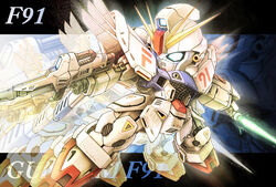  afterimage beam_rifle beam_saber character_name chibi commentary_request copyright_name dual_wielding energy_gun f91_gundam flying glowing gundam gundam_f91 holding letterboxed mecha no_humans outside_border robot science_fiction solo takamaru_(taka1220) weapon zoom_layer 