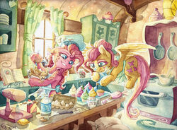  2017 apron clothing cupcake detailed_background duo equid equine female feral fluttershy_(mlp) flying food friendship_is_magic hasbro horse kitchen mammal messy my_little_pony mythological_creature mythological_equine mythology pegasus pinkie_pie_(mlp) pony the-wizard-of-art wings 