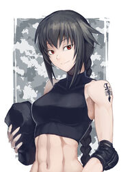  abs bare_shoulders black_hair braid commentary_request hair_between_eyes helevu hetza_(hellshock) long_hair looking_at_viewer md5_mismatch original red_eyes simple_background single_braid sleeveless sleeveless_turtleneck smile solo tattoo toned turtleneck upper_body 