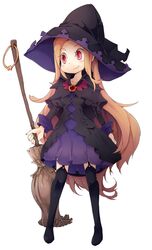  :3 black_hat black_thighhighs blush broom closed_mouth dress female frfr full_body garter_straps hat holding holding_broom juliet_sleeves long_hair long_sleeves looking_to_the_side orange_hair original puffy_sleeves red_eyes simple_background smile solo thighhighs very_long_hair white_background witch witch_hat 