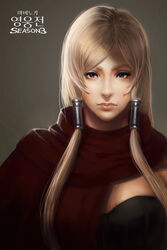  artnohearts blonde_hair brown_eyes cape commentary_request female korean_commentary lips long_hair looking_at_viewer mabinogi mabinogi_heroes original photoshop_(medium) player_character_(mabinogi_heroes) realistic simple_background solo 