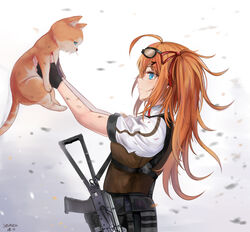  ahoge aks-74u alternate_costume animal assault_rifle blue_eyes blush commentary_request dated dirty eyewear_on_head feline female from_side girls&#039;_frontline gloves gun hair_between_eyes hair_ornament hair_ribbon highres holding holding_animal holding_cat injury kalashnikov_rifle kalina_(girls&#039;_frontline) load_bearing_equipment long_hair looking_at_animal orange_hair red_ribbon ribbon rifle sechka shirt side_ponytail signature smile sunglasses vest weapon 