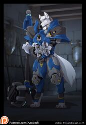  anthro armor azaleesh barefoot biped blizzard_entertainment blue_eyes canid canine canis coltron_(coltron20) cosplay digitigrade feet fur hammer hi_res inside male mammal melee_weapon overwatch reinhardt_(overwatch) shield solo standing sword text tools url weapon white_body white_fur wolf 