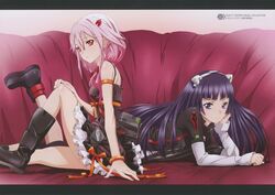  2girls absurdres animal_ears bare_shoulders boots bracelet capri_pants dress guilty_crown hair_ornament hairclip hand_on_own_cheek hand_on_own_face highres itagaki_atsushi jewelry katou_hiromi long_hair looking_at_viewer lying multiple_girls official_art on_stomach pants pink_hair purple_eyes purple_hair red_eyes robot_ears short_hair sitting smile tsugumi_(guilty_crown) yuzuriha_inori 