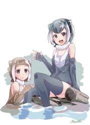  2girls :3 :o absurdres animal_ears arm_at_side artist_name bad_id bad_twitter_id bangs_pinned_back bare_shoulders black_eyes blush breasts brown_eyes brown_gloves brown_one-piece_swimsuit cleavage elbow_gloves empty_eyes extra_ears eyebrows eyelashes fingerless_gloves frills fur_collar gloves gradient_hair grey_gloves grey_hair grey_legwear grey_one-piece_swimsuit hand_on_another&#039;s_knee hand_up highres japanese_otter_(kemono_friends) kemono_friends light_brown_hair log looking_at_viewer medium_breasts multicolored_clothes multicolored_hair multicolored_swimsuit multiple_girls one-piece_swimsuit open_hand open_mouth otter_ears outdoors partially_submerged romaji_text short_hair signature sitting sleeveless small-clawed_otter_(kemono_friends) smile soaking_feet swimsuit tareme thighhighs triangle_mouth two-tone_hair water waving white_background white_hair white_one-piece_swimsuit yanagita_kousuke 