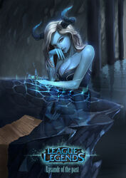  bad_id bad_pixiv_id bare_shoulders blue_skin breasts character_name cleavage colored_skin copyright_name female grey_eyes highres horns ice large_breasts league_of_legends lissandra_(league_of_legends) long_hair paper photoshop_(medium) reflection solo supullim white_hair 