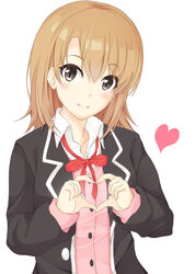  4-fingers_heart_hands blazer brown_eyes brown_hair cardigan commentary_request female heart heart_hands highres isshiki_iroha jacket photoshop_(medium) ribbon school_uniform simple_background smile sobu_high_school_uniform solo white_background yahari_ore_no_seishun_lovecome_wa_machigatteiru. yuu_(oosakazaijyuu) 