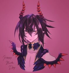  1boy black_hair commentary_request happy_birthday horns killian_phegor looking_at_viewer male_focus pointy_ears pop-up_story shinigami solo yaka_(ir_mc8a) yellow_eyes 