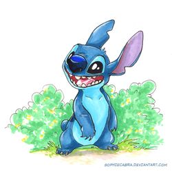  2015 3_toes 4_fingers alien back_markings black_eyes blue_body blue_fur blue_nose claws disney experiment_(lilo_and_stitch) feet fingers fur grey_claws head_tuft lilo_and_stitch markings notched_ear open_mouth open_smile plant shrub simple_background small_tail smile solo sophiecabra standing stitch_(lilo_and_stitch) tail text toe_claws toes traditional_media_(artwork) tuft url white_background 