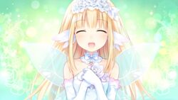  blonde_hair blush bouquet_(neptunia) bow bowtie closed_eyes dress elbow_gloves fairy_wings female flower four_goddesses_online:_cyber_dimension_neptune game_cg gloves hair_flower hair_ornament hands_on_own_chest happy highres necktie neptune_(series) official_art open_mouth smile solo tsunako white_dress white_gloves wings 