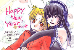  2008 2boys bare_shoulders berry_benny black_eyes black_gloves black_hair black_lips blonde_hair brown_eyes choker commentary_request elbow_gloves frills gloves happy_new_year lipstick long_hair long_sleeves looking_at_viewer makeup male_focus moyashimon multiple_boys nengajou new_year one_eye_closed open_mouth oryzae-tan otoko_no_ko sawaki_souemon_tadayasu short_hair smile sweat translation_request upper_body yuuki_kei 