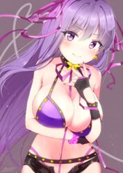  :q artist_name bangs bare_arms bare_shoulders bb_(fate)_(all) bb_(swimsuit_mooncancer)_(fate) bead_bracelet beads belt bikini black_gloves black_shorts blush bracelet breast_hold breasts cleavage closed_mouth collar commentary_request cowboy_shot earrings eyebrows_visible_through_hair fate/grand_order fate_(series) fingerless_gloves gloves hair_ribbon halterneck highleg highleg_bikini highres jewelry large_breasts long_hair looking_at_viewer mismatched_gloves navel neck_ribbon open_fly purple_bikini purple_eyes purple_hair purple_neckwear purple_ribbon ribbon sana_hamada short_shorts shorts simple_background smile solo star star_earrings swimsuit tongue tongue_out very_long_hair 