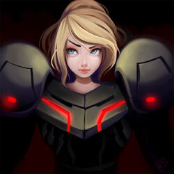  angelica_(k3lly) blonde_hair blue_eyes commentary_request eyelashes female lazy_eye lips looking_at_viewer looking_to_the_side metroid phazon_suit pink_lips raised_eyebrow samus_aran short_hair solo 