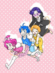  2boys 2girls :d blue_eyes blue_hair bow chimu_(chimoon) clenched_teeth closed_eyes commentary_request davi_(dokidoki!_precure) db_(dokidoki!_precure) dokidoki!_precure formal glasses lolicon multiple_boys multiple_girls open_mouth orange_hair pant_suit pants personification pink_bow pink_eyes pink_hair polka_dot polka_dot_background precure purple_eyes purple_hair rakeru_(dokidoki!_precure) rakeru_(dokidoki!_precure)_(human) rance_(dokidoki!_precure) rance_(dokidoki!_precure)_(human) running shadow sharuru_(dokidoki!_precure) sharuru_(dokidoki!_precure)_(human) short_hair smile suit tears teeth 