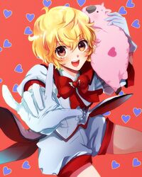  1boy \m/ battle_lover_scarlet binan_koukou_chikyuu_bouei-bu_love! blonde_hair blush commentary_request ehm_my gloves hakone_yumoto heart magical_boy male_focus open_mouth red_eyes smile wombat_(bouei-bu) 