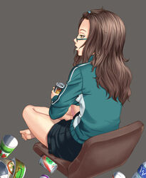  aona_(anagasaki) bad_id bad_pixiv_id barefoot blue-framed_eyewear bottle brown_eyes brown_hair cup_ramen energy_drink female glasses grey_background indian_style jacket kouzuki_sanae long_hair looking_to_the_side open_mouth sakura_quest sitting solo track_jacket track_suit water_bottle 