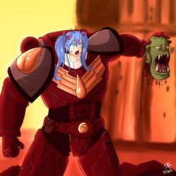  adeptus_astartes blue_eyes blue_hair cosplay dated denpa_onna_to_seishun_otoko drawfag female highres orc ork_(warhammer) signature touwa_erio warhammer_40k 