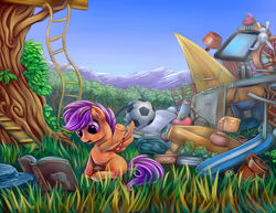  2015 ball book detailed_background digital_media_(artwork) equid equine feathered_wings feathers female feral friendship_is_magic grass hair hasbro hi_res ladder mammal mountain my_little_pony mythological_creature mythological_equine mythology orange_body orange_feathers outside pegasus plant purple_eyes purple_hair reading rope rope_ladder scootaloo_(mlp) scooter sitting soccer_ball solo tree_house viwrastupr wings young 