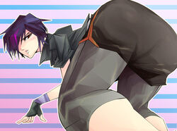  all_fours ass big_hero_6 bike_shorts bike_shorts_under_shorts black_hair black_shorts blush brown_eyes chuubatsu_nagano commentary_request female fingerless_gloves from_behind gloves gogo_tomago hair_over_one_eye jacket looking_back multicolored_hair photoshop_(medium) purple_hair short_hair short_shorts shorts solo striped striped_background wristband 