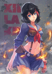  black_hair commentary_request crop_top crop_top_overhang female gloves highres kill_la_kill looking_at_viewer matoi_ryuuko midriff multicolored_hair navel photoshop_(medium) scissor_blade_(kill_la_kill) senketsu single_glove solo streaked_hair suspenders suspenders_under_shirt two-tone_hair yucong_tang 