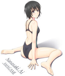  amagami bad_id bad_pixiv_id barefoot black_eyes black_hair character_name competition_swimsuit copyright_name feet female from_behind looking_back nanasaki_ai one-piece_swimsuit racerback sano_souichi short_hair simple_background sitting smile soles solo swimsuit toes wariza white_background 