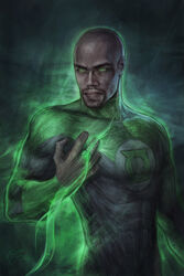  bald bodysuit dark_skin dc_comics facial_hair glowing glowing_eyes goatee green_eyes green_lantern green_lantern_(series) john_stewart male_focus ring solo 