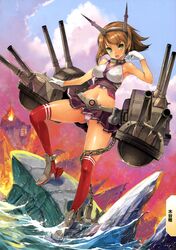  :d absurdres anchor bare_shoulders breasts brown_hair cannon female fire gloves green_eyes hairband headgear high_heels highres iceberg kantai_collection kiya_shii large_breasts midriff miniskirt mutsu_(kancolle) navel no_bra open_mouth panties pantyshot pleated_skirt red_thighhighs scan shiny_skin shirt short_hair skirt smile solo standing thighhighs turret underwear water wet wet_clothes wet_shirt white_gloves white_panties 