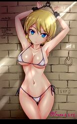  against_wall armpits arms_up ass_visible_through_thighs bad_id bad_link bad_nicoseiga_id bare_arms bare_shoulders bikini blonde_hair blue_eyes bound bound_wrists braid breasts brick_wall chains cleavage closed_mouth collarbone cuffs darjeeling_(girls_und_panzer) female franz_(217franz) french_braid frown girls_und_panzer groin head_tilt highres large_breasts light_rays looking_at_viewer micro_bikini navel restrained shackles shiny_skin side-tie_bikini_bottom smiley_face solo standing standing_restraints stomach strap_gap sweat sweatdrop swimsuit tally text_focus thigh_gap upright_restraints white_bikini 